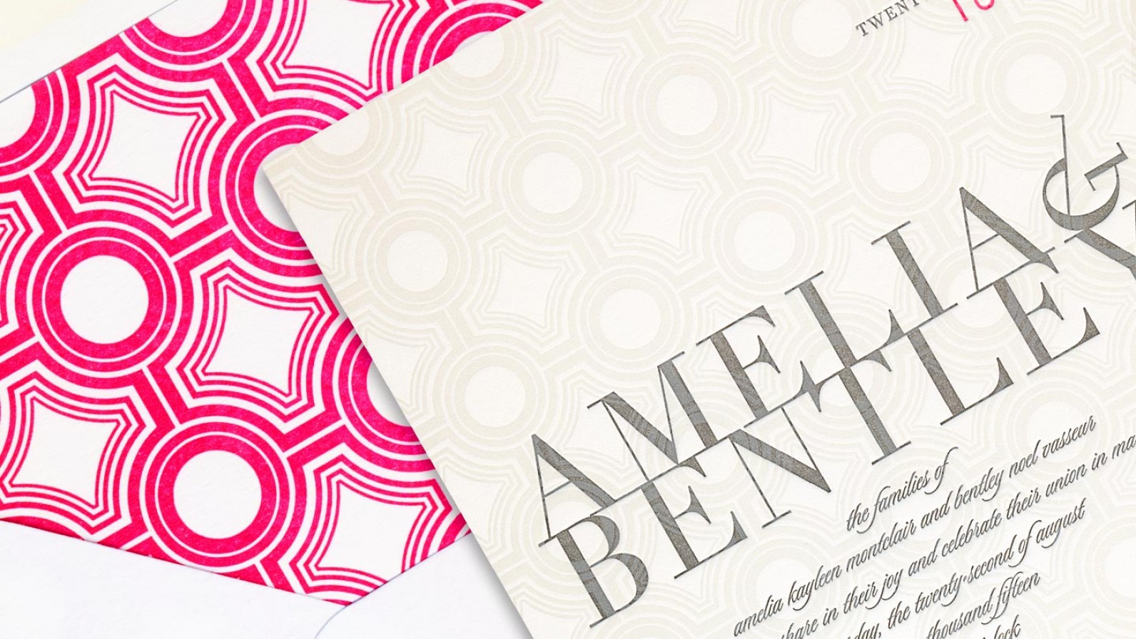 a beautiful sample wedding invitation for amelia and bentley, overlayed on top of its envelope featuring a beautiful hot pink liner, captured by 4d, inc